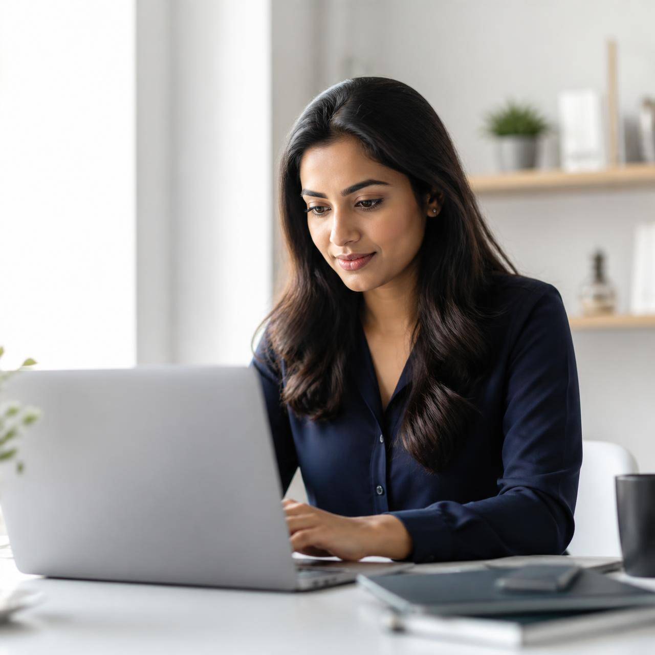 A working professional studying an online degree programme on a laptop